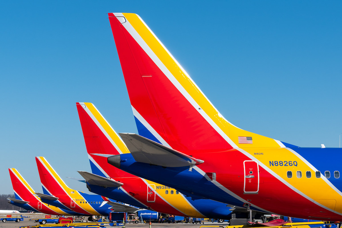 Pictured: Southwest Airlines Boeing 737 tails at Pittsburgh International Airport.