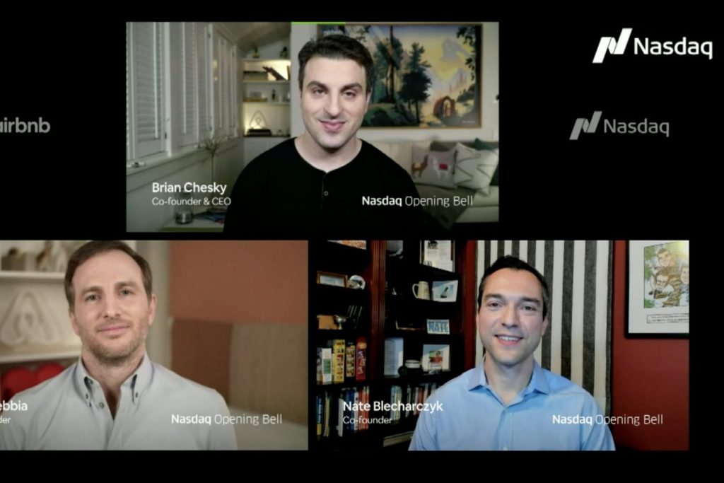 (From top and counter-clockwise) Airbnb co-founders  Brian Chesky, Joe Gebbia and Nate Blecharczyk participated virtually in the Nasdaq bell opening ceremony on December 10, 2020.