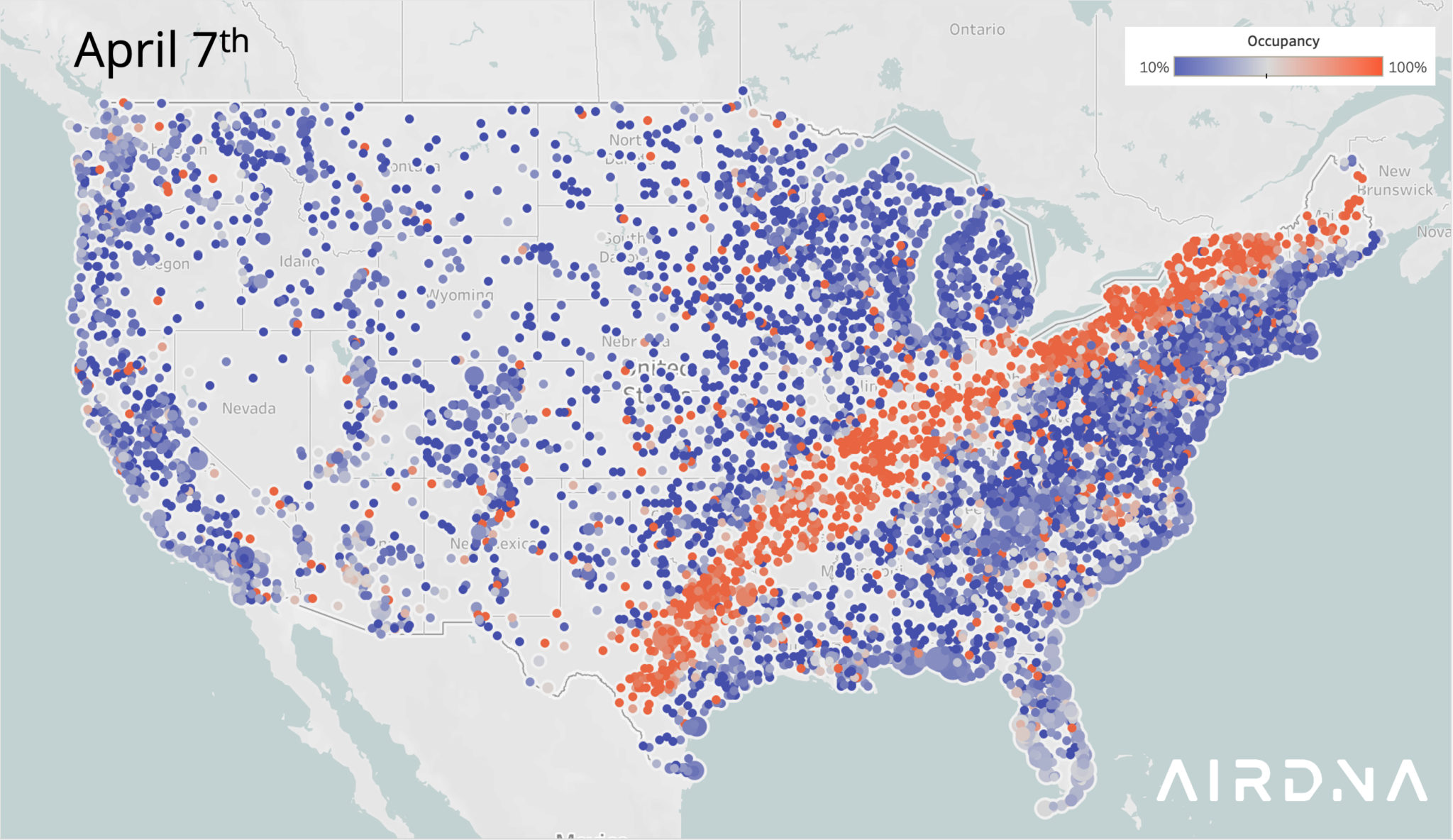 This map shows the occupancy of short-term rentals by city on April 7, as of data available in the week leading up to the eclipse. Source: AirDNA. 